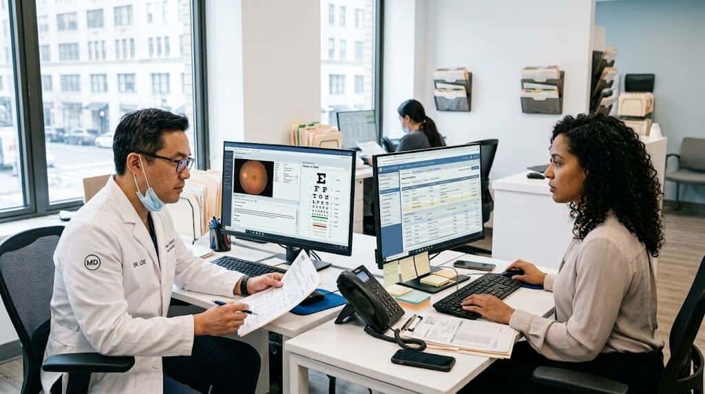 Ophthalmologist reviewing patient records with medical billing staff