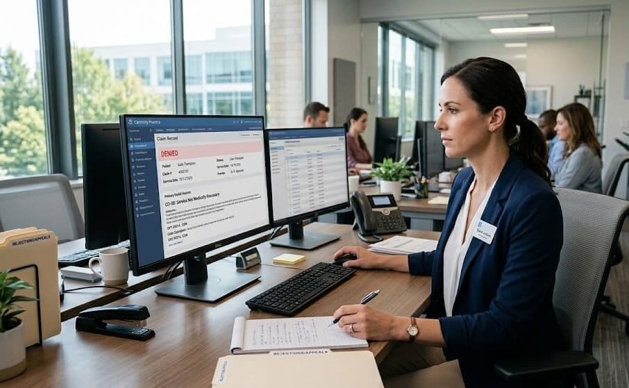 Medical billing specialist reviewing a denied ASC facility fee claim on a computer to identify reimbursement and coding errors.