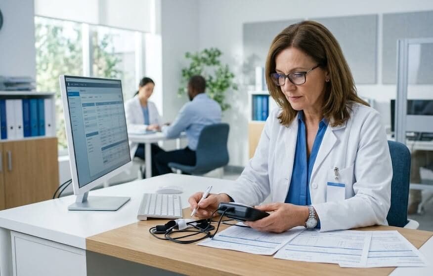 Medical billing specialist reviewing home sleep test (HST) claims and patient documentation in a sleep medicine clinic.