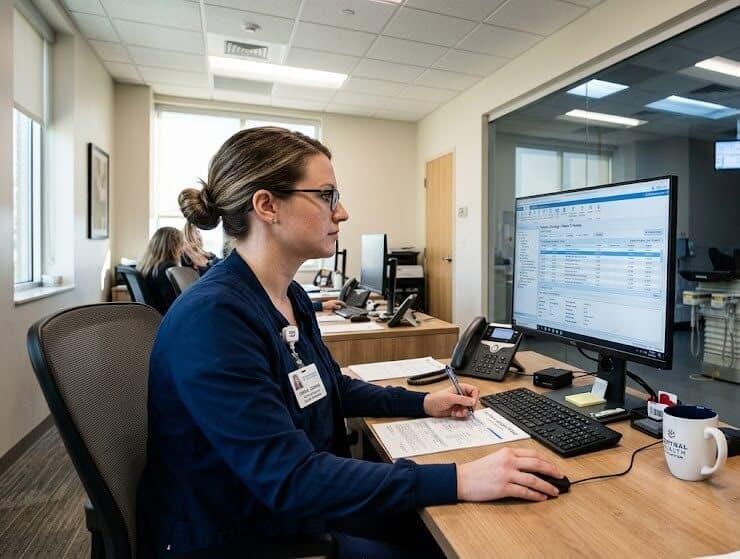 Medical billing specialist processing radiation oncology claims and reviewing 2026 CPT codes in a healthcare revenue cycle management office.