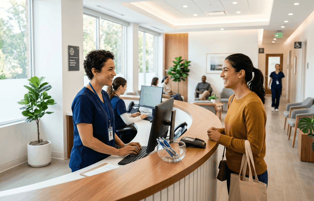 Patient checking in with a receptionist at a modern urgent care clinic.