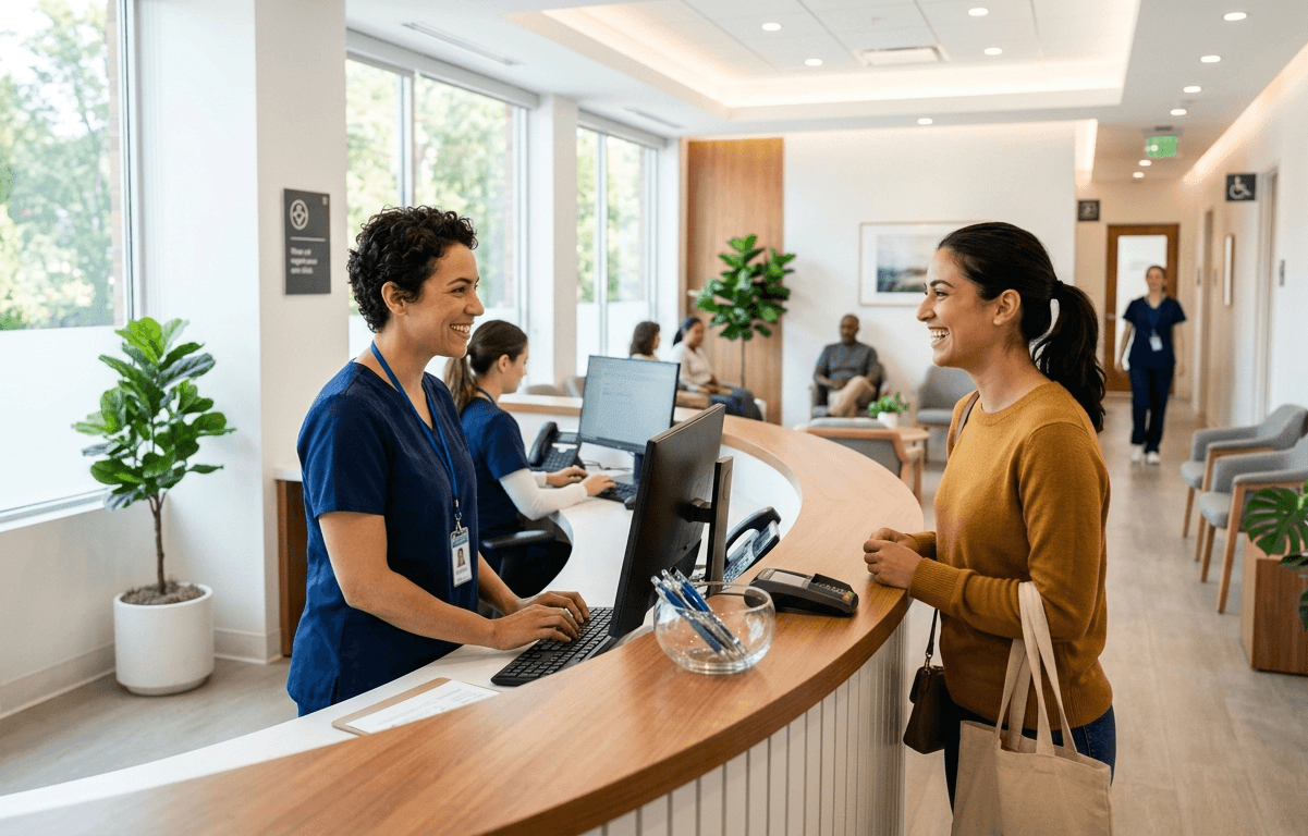 Patient checking in with a receptionist at a modern urgent care clinic.