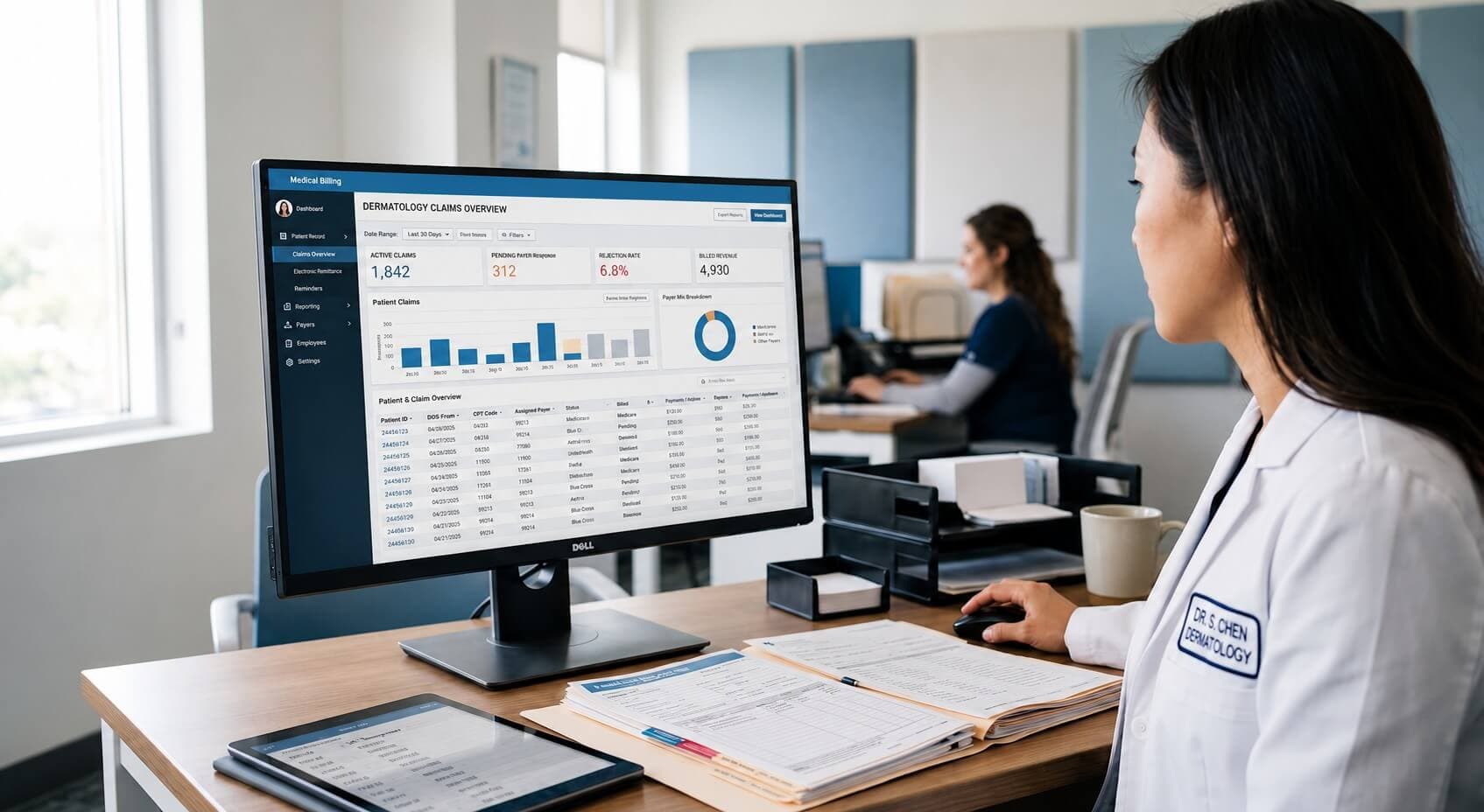 Dermatology practice reviewing a medical billing dashboard with claims, denials, reimbursement metrics, and revenue cycle performance.