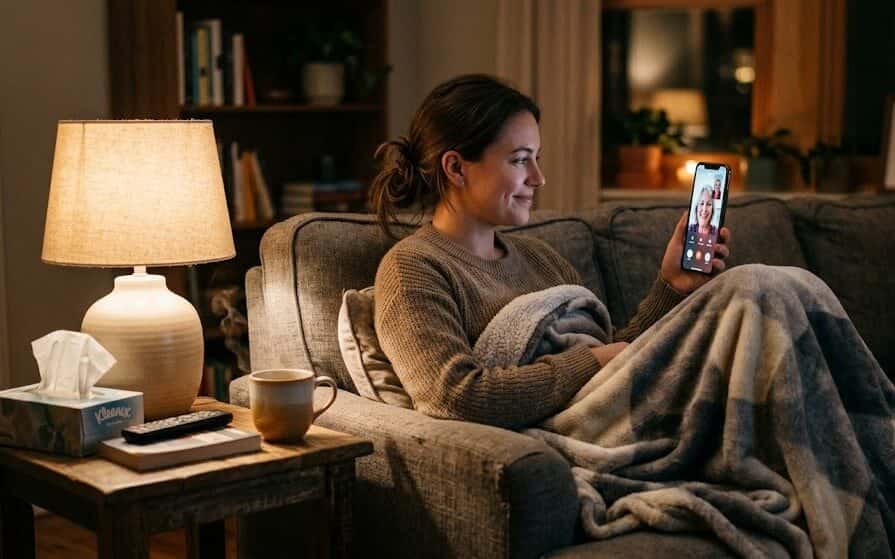 Patient relaxing at home while having a video consultation with a healthcare provider using a smartphone.