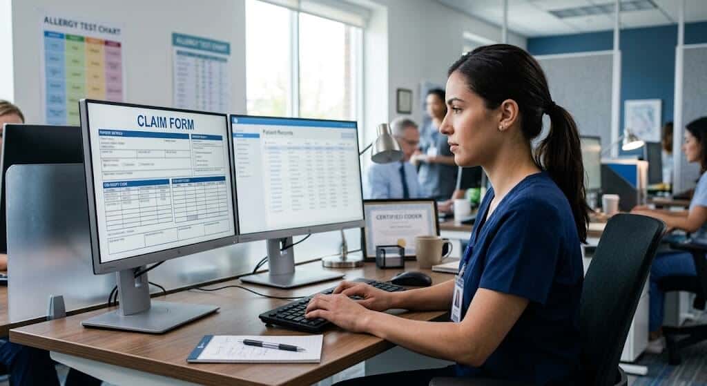 Allergy billing specialist reviewing a claim