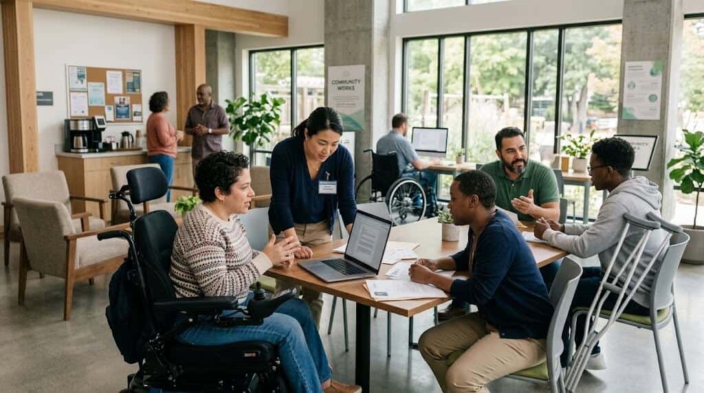 People with disabilities and support staff participating in community rehabilitation services